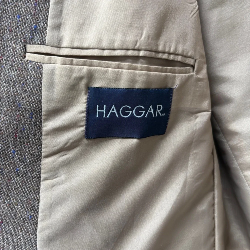Vintage Haggar Brown Donegal Tweed Blazer Sport Coat Sz 46L Suede Elbow Patches